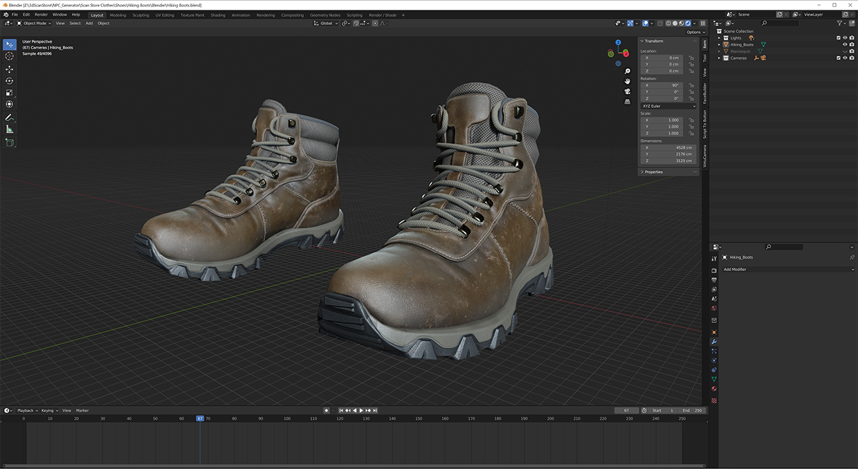 Hiking boots rendered in Blender with realistic details.